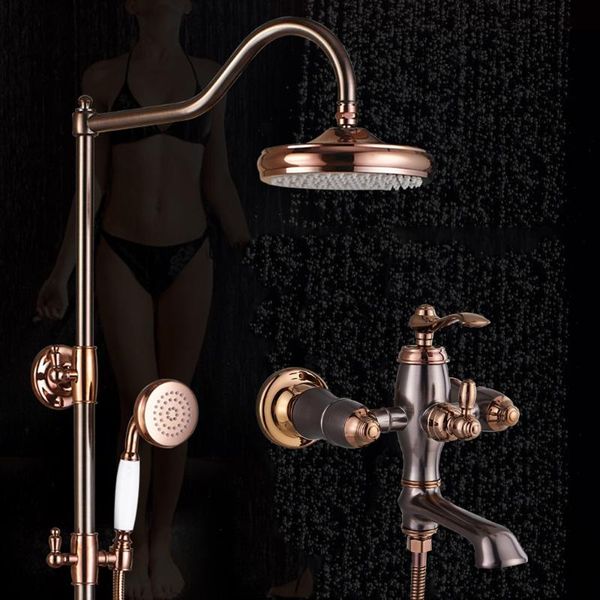 

black brown bronze brass shower faucets set rainfall commodity shelf dual handle mixer tap swivel tub spout bath bathroom sets