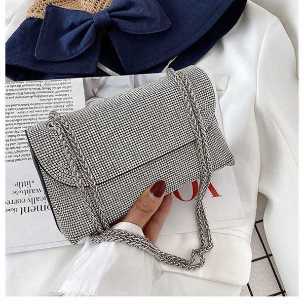 

2021 korean diamond dinner bag celebrity chain one shoulder slanting women's fashion small square bag