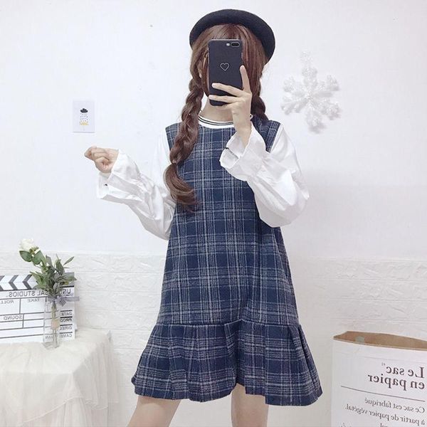 

casual dresses qweek sweet kawaii plaid mini woman long sleeve japanese style ruffle retro vintage dress 2021 korean fashion clothes, Black;gray