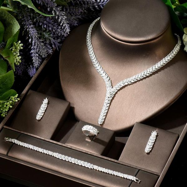 

earrings & necklace hibride brillante dazzling african dubai cz white gold color women big wedding jewelry set for brides party accessories, Silver