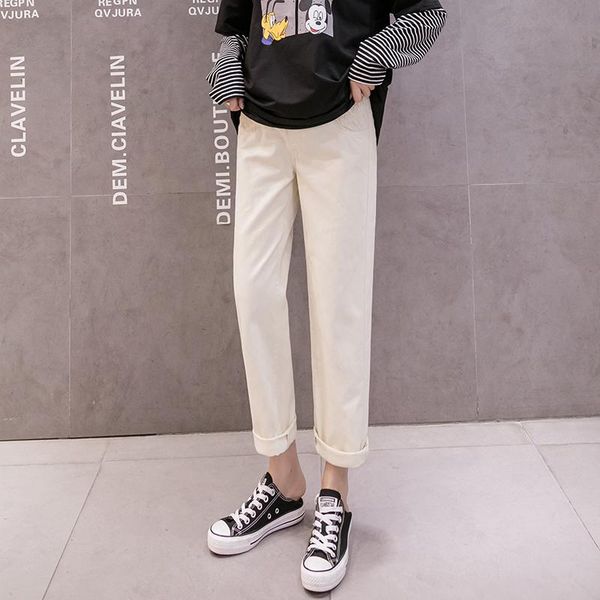 

972# 2021 spring denim maternity straight jeans elastic waist belly pants clothes for pregnant women casual pregnancy trousers bottoms, White