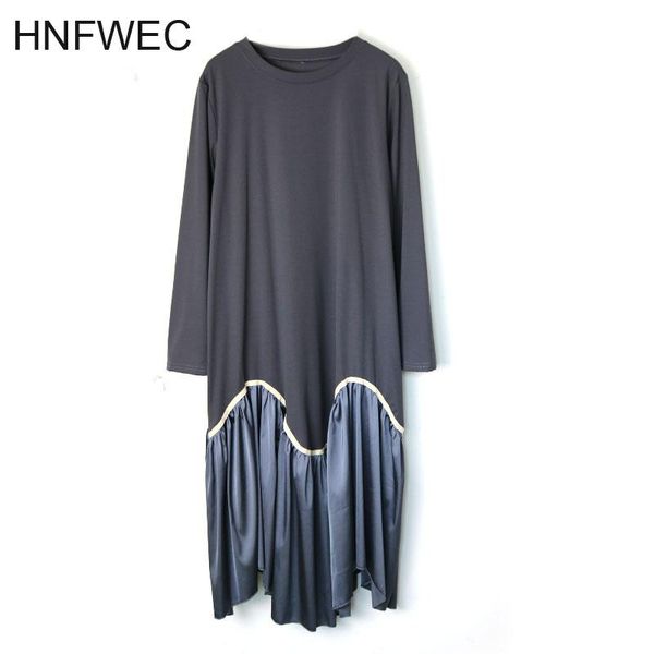 

casual dresses women spliced pleated hit color dress round neck long sleeve loose fit fashion tide spring autumn 2021 v681, Black;gray