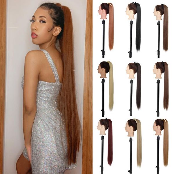 

synthetic wigs lisi girl 30" ultra long wrap around straight ponytail hair wig clip in fake, Black