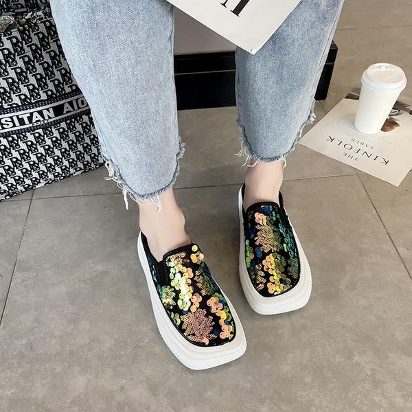 

slippers 2021 women's sneakers fashion sling-heel flat sequins trendy shoes casual without laces, Black