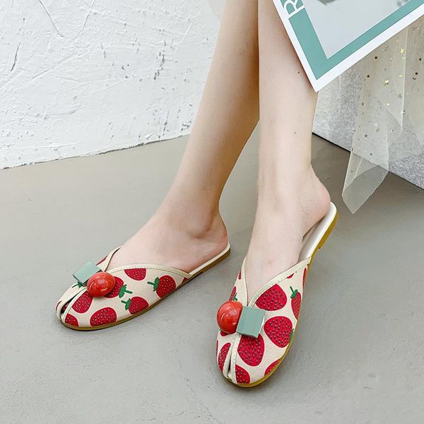 

sandals 2021 summer fashion women's slippers outer wear berry cherry flat, Black