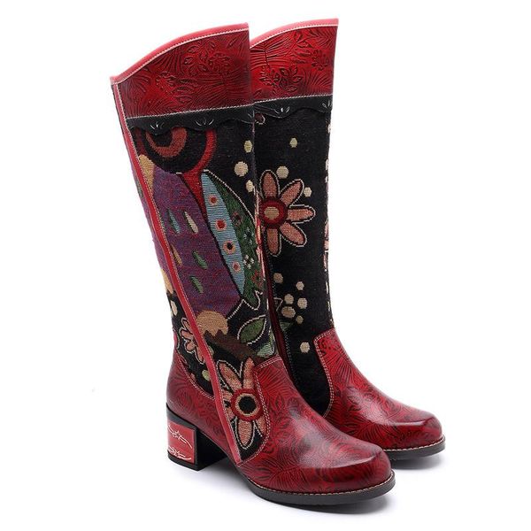 

boots retro genuine leather printing embossed pattern splicing folkways craft cloth women ankle shoes comfortable 4cm, Black
