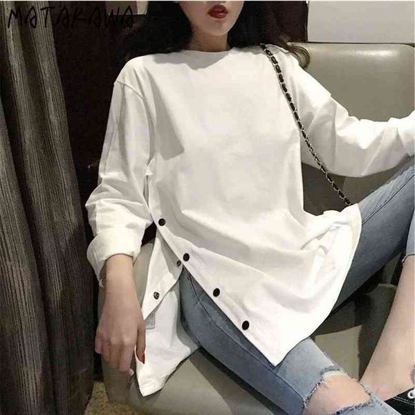 

matakawa o-neck split woman tshirts white long-sleeved t-shirt women's bottoming shirt ins spring t shirts 210513
