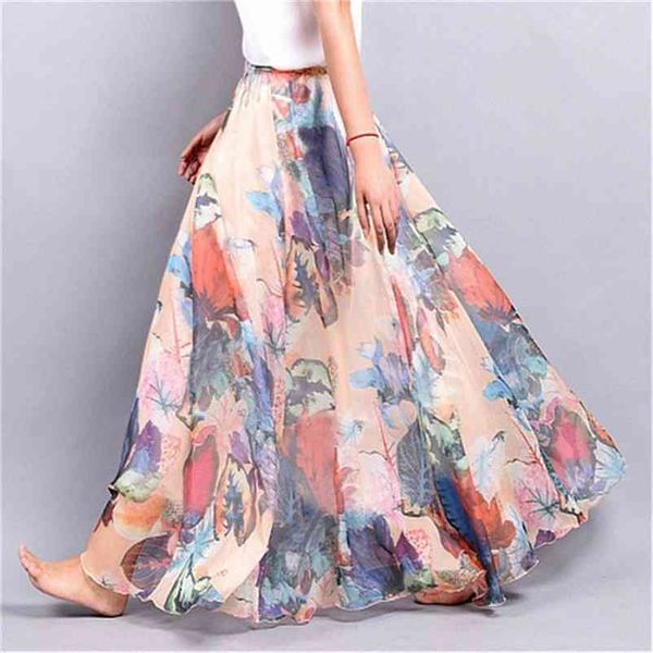 

elegant summer bohemian maxi skirts women long skirt chiffon saia beach high waist tutu casual vestidos harajuku print clothes 210412, Black