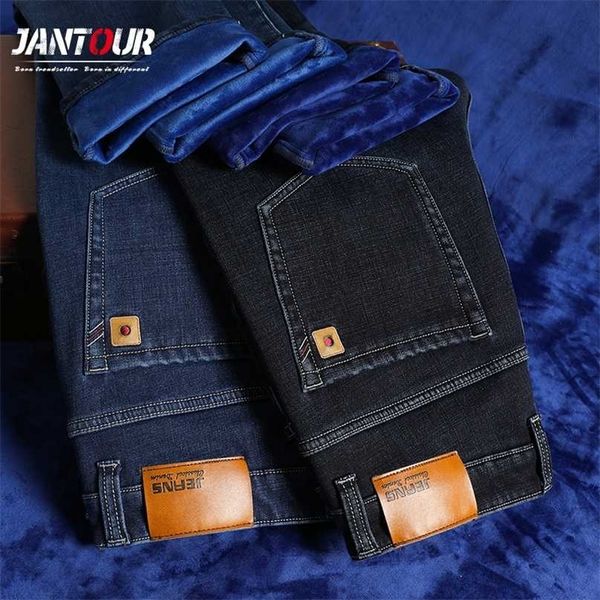

jantour brand men's winter jeans men warm thick denim fleece straight fit trousers cotton black pants male plus size 40 42 44 211111, Blue