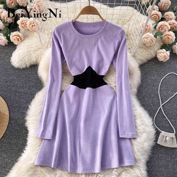 

beiyingni women's casual high waist knitted a-line dress spell color long sleeve basic mini dresses purple black slim fall dress y1204, Black;gray