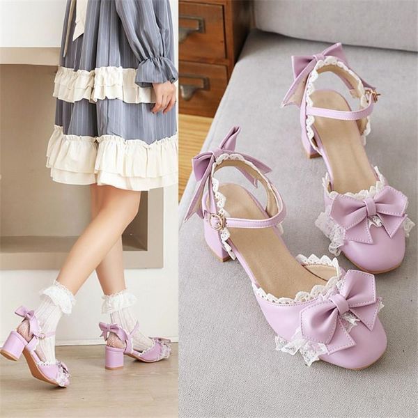 

sweet jk lo uniform costume anime girls lolita sandals purple pink med heels ruffles lace bow knot shoes women 34-48, Black