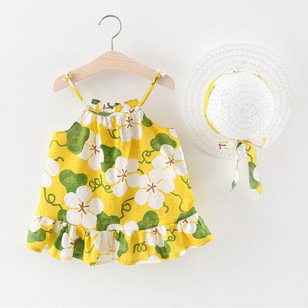 

girl's dresses baby girls floral dot ruched strap princess dress casual clothes hat girl from 2 to 7, Red;yellow