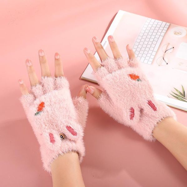 

five fingers gloves arrival winter cute girl cartoon ears carrot plus velvet warm clamshell half-finger, Blue;gray