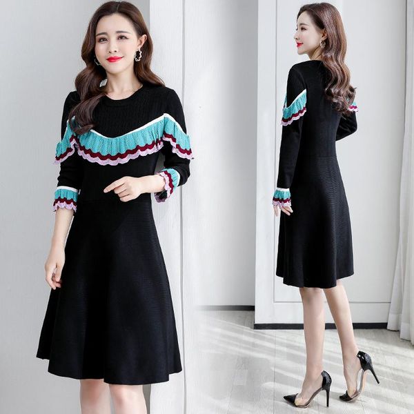 

casual dresses 2021 autumn lotus leaf stitching mid-length base knitted sweater slim dress round neck pullover simple and fashionable, Black;gray