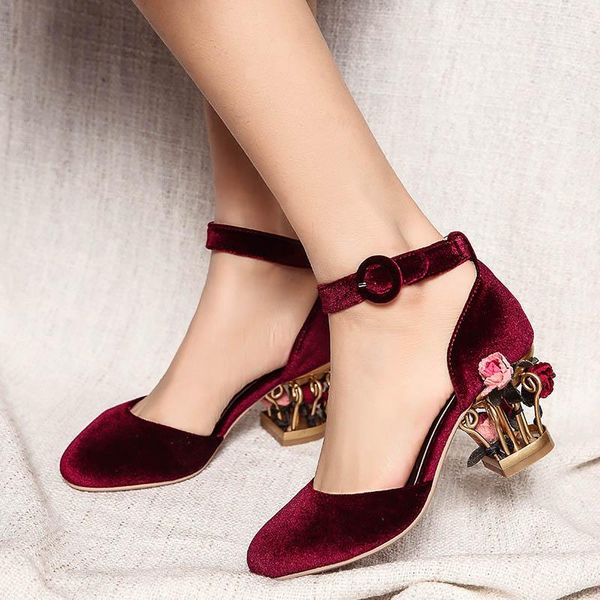 

wine red velvet wedding shoes women pink mary janes pumps ladies 7cm flowers metal cage chunky high heels black sapato feminino dress