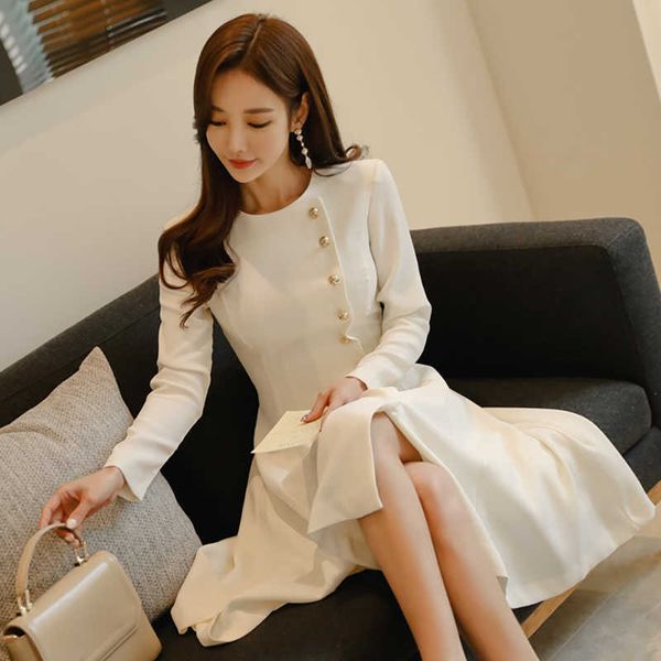 Autunno coreano di alta qualità abito a-line donna sexy elegante abiti monopetto solido casual OL lavoro d'ufficio abiti 210529