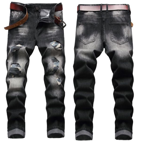 

men's jeans european and american plus size straight rotten hole trousers retro blue casual