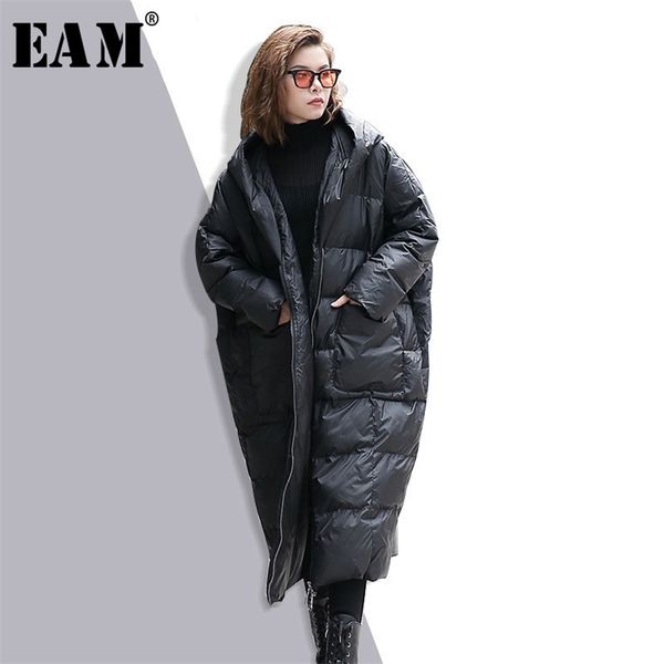 

[eam] winter hooded long sleeve solid color black cotton-padded warm loose big size jacket women parkas fashion jd12101 210930