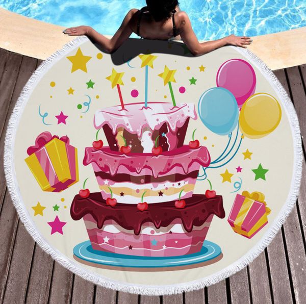 L'ultimo asciugamano da spiaggia stampato rotondo da 150 cm, stile arcobaleno torta di compleanno, microfibra, nappe morbide, supporto personalizzato logo personalizzato