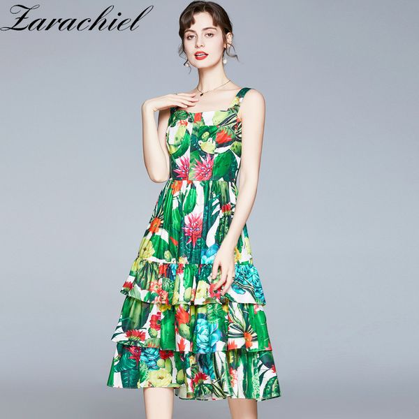 

summer green tropical holiday foral print beach boho women strapghetti strap cascading ruffle midi dress 210416, Black;gray