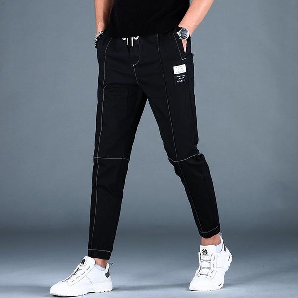 

men's pants mens fashion casual men summer thin black spliced drawstring trousers