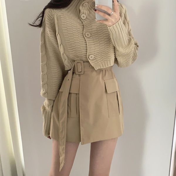 

autumn and winter women single-breasted turtleneck knitted cardigan short sweater + sleeveless lace-up vest two piece set 210416, White