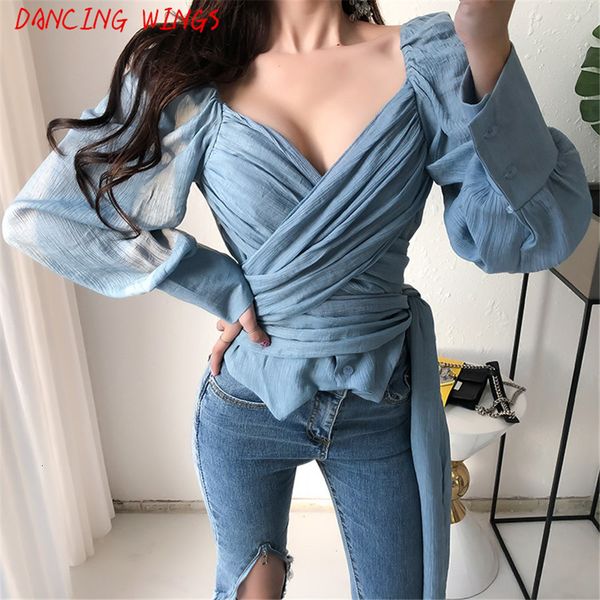 

women's blouses & shirts dancing wings korean style deep v neck backless lace-up bandage blouse cotton lyqi, White