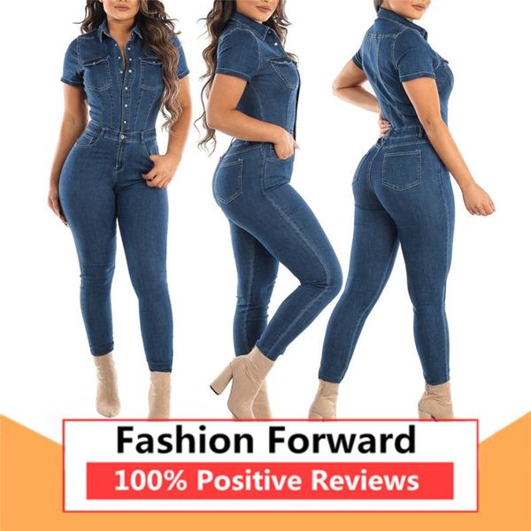 

womens fashion casual button turn-down neck denim jumpsuit women's jumpsuits & rompers, Black;white