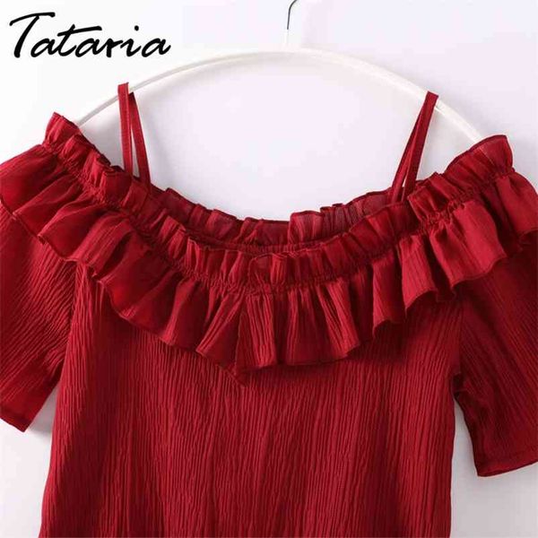 

tataria summer women off shoulder blouse casual chiffon s ruffle short sleeve femme ladies loose blusas 210514, White