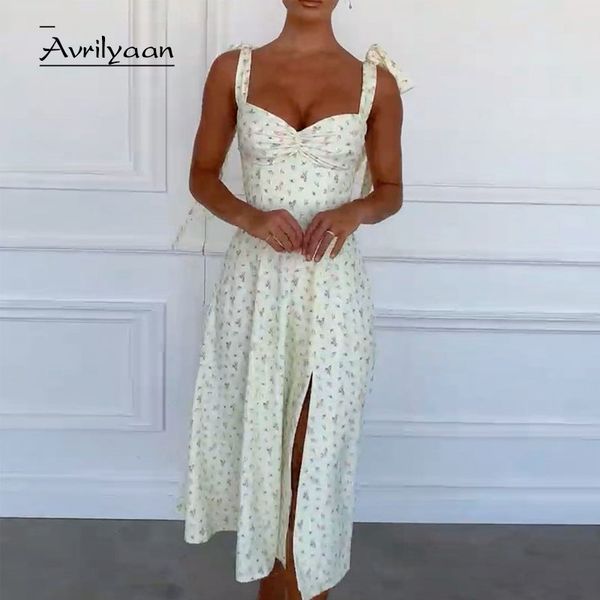 

avrilyaan spaghetti strap bow print dress for women casual high split long autumn dress backless robes party dress vestidos, Black;gray