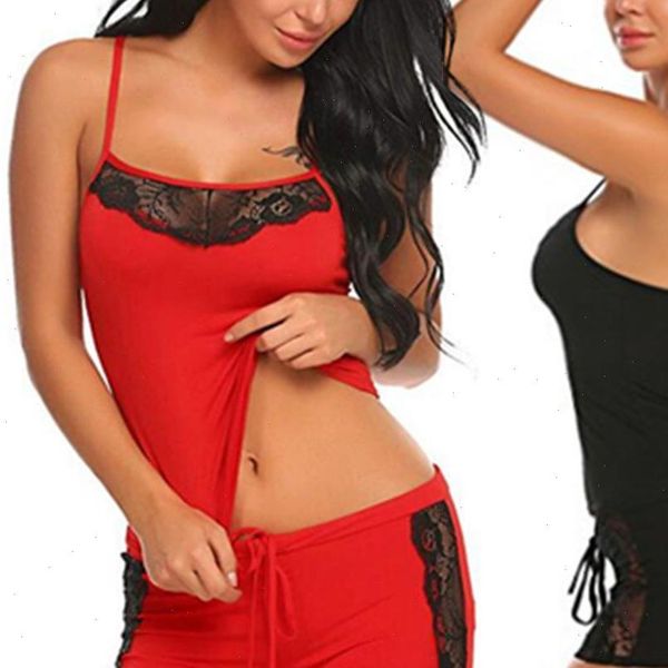

solid color adjustable straps camisole womens sleepwears shorts lace patchwork set ladies female pajama party, Black;red
