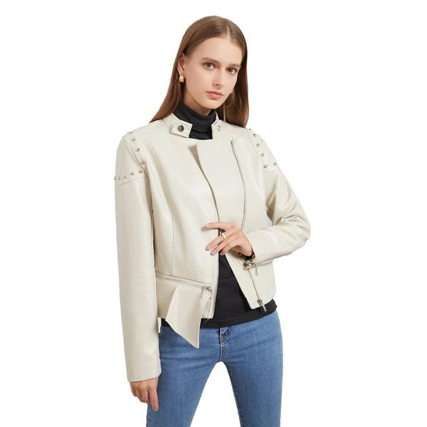 

women's leather & faux 2021 rivet fashion collar motor jacket solid color spring autumn coat irregular hem plus size clothing y2k, Black