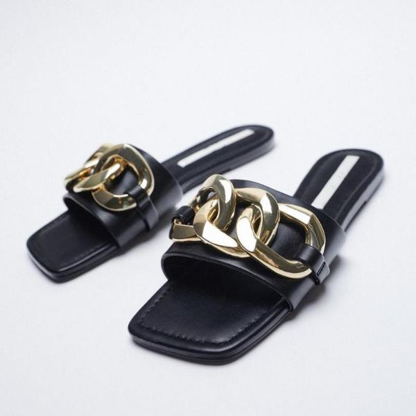 

sandals designer summer women square toe chain decoration slippers slip on flat casual vacation beach shoes, Black