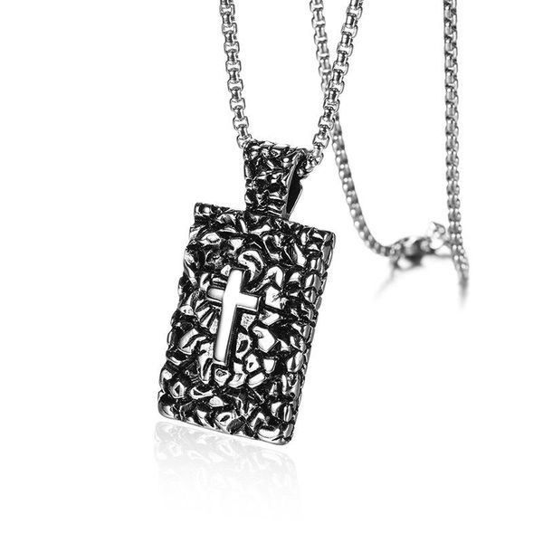 

punk retro stainless steel cross geometric square pendant necklace for men rock jewelry drop necklaces, Silver