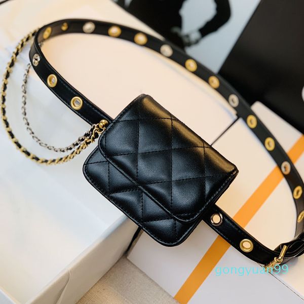 

women's 12cm calfskin leather mini waist bag with gold chain fashion handsome