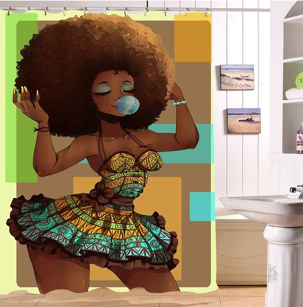 

afro girl bubble gum decor shower curtain for bathroom by, chic afro black girl art fabric curtain, water repellant