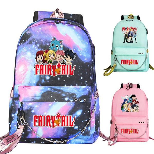 

backpack cartoon boys girls kids school bag kawaii fairy tail prints women usb chain canvas men bagpack packsack bookbag
