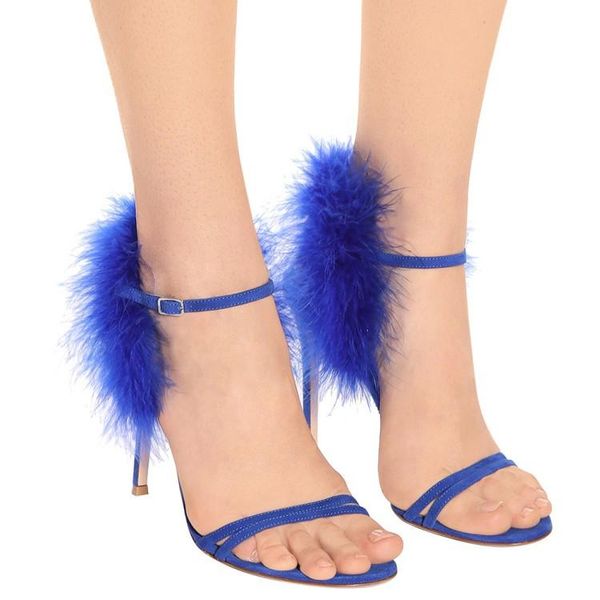 

elegant feather decor covered heel women pumps summer open toe dress shoes high sandals, Black