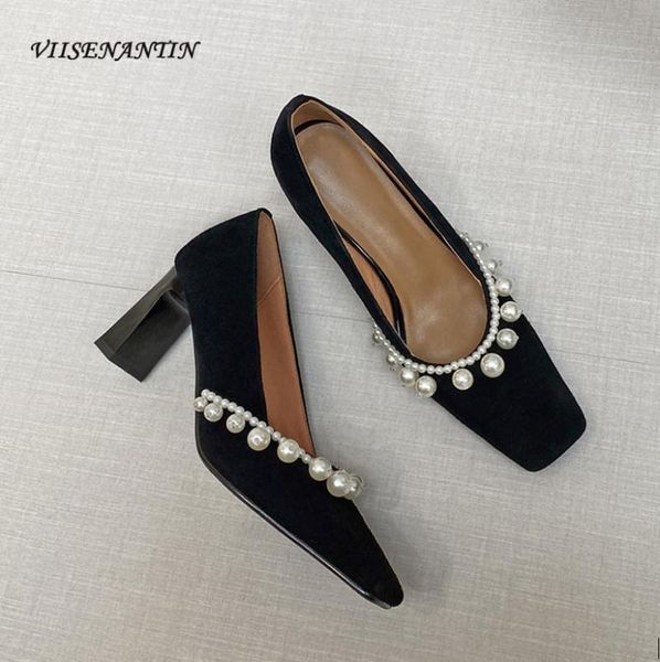 

dress shoes pure color cowhide shallow mouth thick heel women's singles autumn 2021 french square toe pearl chain high heels, Black