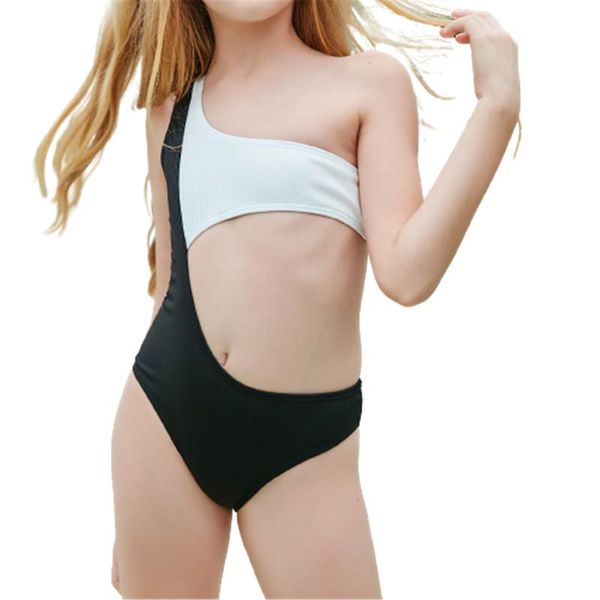 

one-pieces kids girls fashion swimwear summer holiday casual color matching cute solid bikini one piece children swimsuit clothes, Black