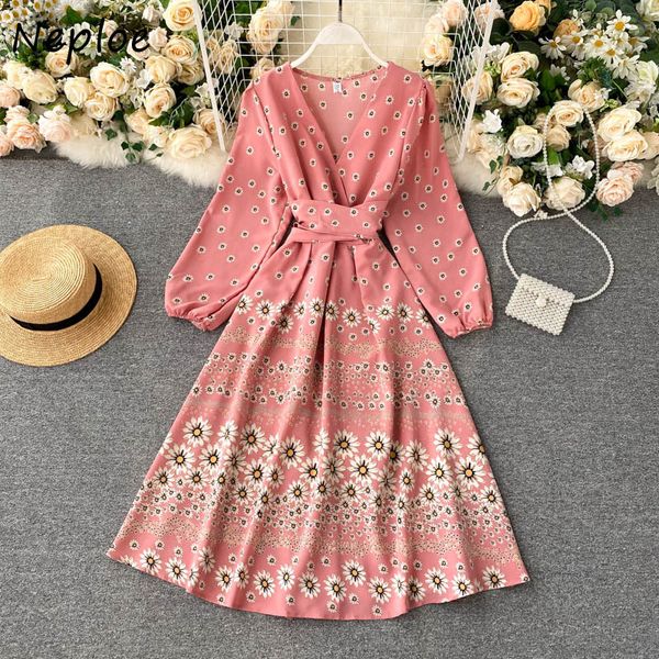 

neploe fresh print sweet dresses women new korean sashes slim wasit temperament v-neck long sleeve female dress 82400 210423, Black;gray