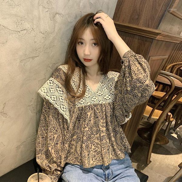 

fall long sleeve shirt women's loose retro lace v-neck patchwork women blouse blusas ropa de mujer blouses & shirts, White