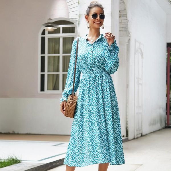 

casual dresses spring summer elegant butterfly sleeve women's floral print a-line dress full turn-down collar long ladies, Black;gray