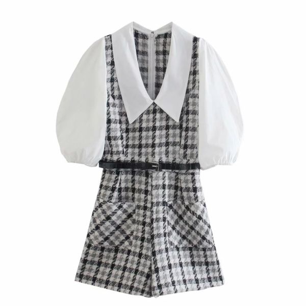 

summer women contrast color splicing woolen siamese shorts casual lady v neck lantern sleeve slim jumpsuits p2031 210430, Black;white