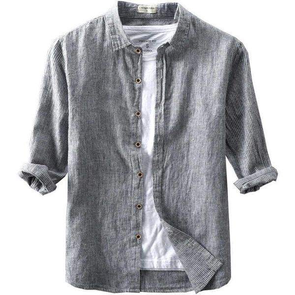 

men's casual shirts 2021 arrivel mens three quarter striped linen turn down collar summer cotton men spring thin causal male, White;black