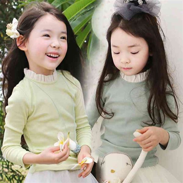 Primavera Autunno Casual 2 3 4 Anni 90 100 110 cm Bambini Colletto alla coreana T-shirt di base in cotone color caramella per bambine 210625