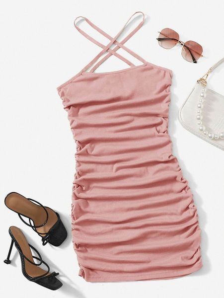 

ruched detail cross halter dress 95l0#, Black;gray