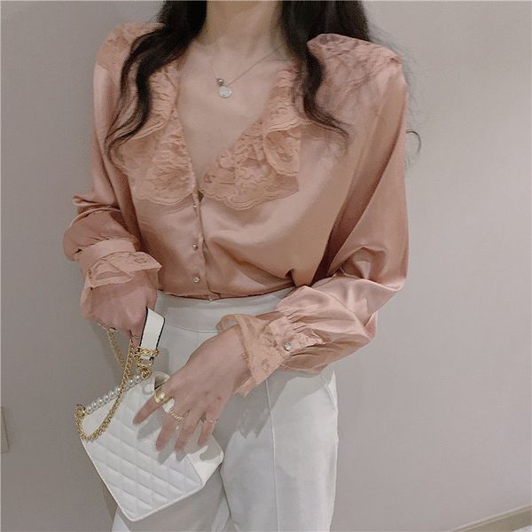 

all match patchwork lace elegance streetwear v-neck blouses solid chic full sleeves gentle girls women shirts 210421, White