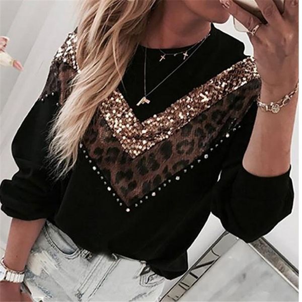 

women's hoodies & sweatshirts women loose sweatshirt new fashion patchwork sequins leopard long sleeves wear casual pullovers, Black