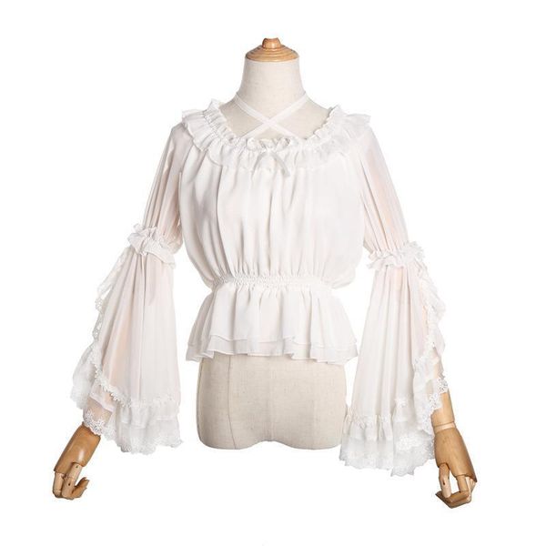 

women shirts chiffon lolita lace blouse strap shirt halter neck off shoulder long flounce bell sleeves for plus size, White